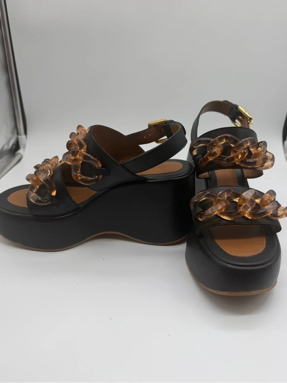 See by Chloé Black Platform Sandals with Tortoiseshell Chain Sz 39 EU 8 US